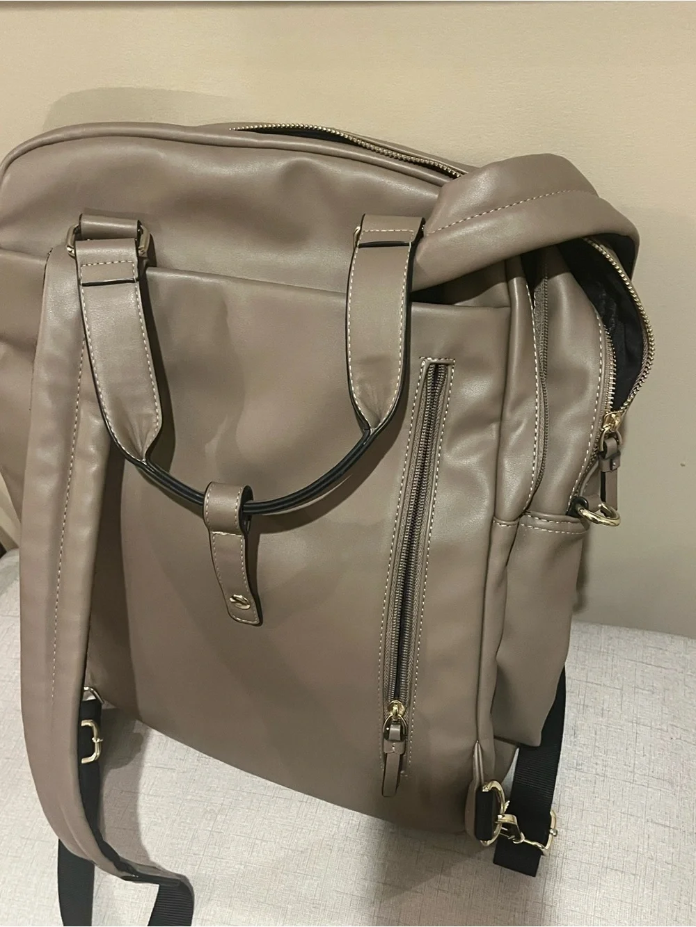 Like New Bugatti Taupe Faux-Leather Convertible Backpack Messenger
